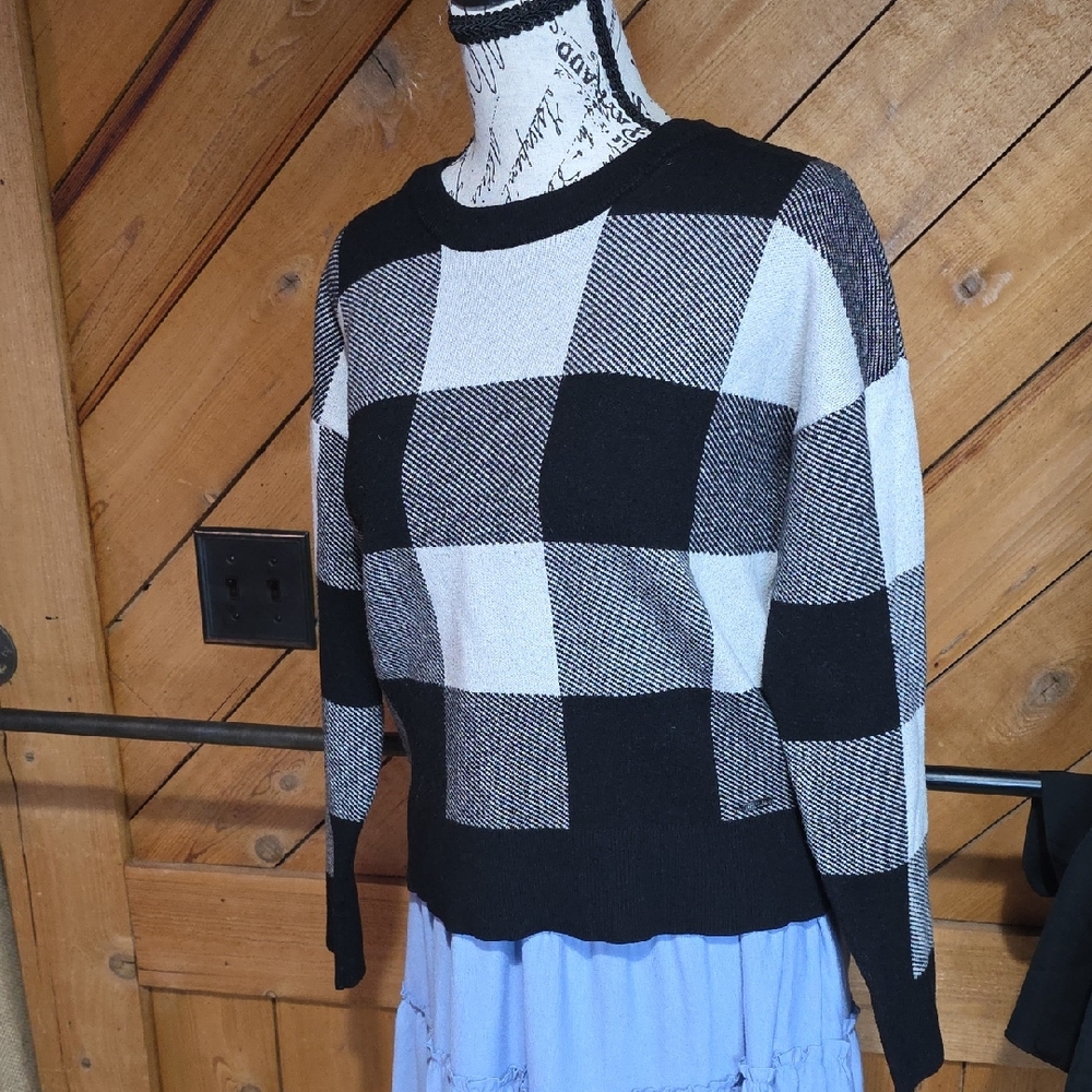 DKNY Womens Buffalo Plaid Crewneck Sweater Black White Long Sleeve‎ Logo Small
